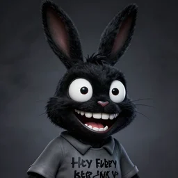 A extremely highly detailed majestic hi-res beautiful, highly detailed head and shoulders portrait of a scary terrifying, horrifying, still of a creepy black cartoon rabbit in eraserhead with scary big eyes, earing a shirt laughing, hey buddy, let's be friends, in the style of Walt Disney animation