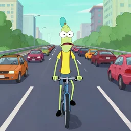 squidward riding a bicycle on a busy highway, early morning, distant view, colorful, rated best fanart of 2020