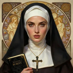 portrait of megan fox as a nun with satanic cross, catholic, church, bible, christian, intricate, headshot, highly detailed, digital painting, artstation, concept art, sharp focus, cinematic lighting, illustration, art by artgerm and greg rutkowski, alphonse mucha, cgsociety