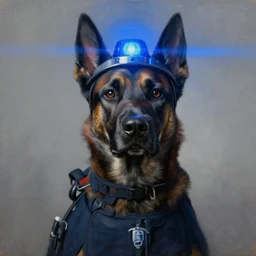 cinematic bust portrait of police dog with police blue light on head, blue light and siren, police dog, head and chest only, desaturated, tim hildebrandt, wayne barlowe, bruce pennington, donato giancola, larry elmore, oil on canvas, masterpiece, featured on pixiv, cinematic composition, dramatic pose