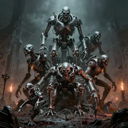 inks of 1 1 horrifying chromed machines in tiers, overlooking gristle yaw grave, by wayne d barlowe, boris vallejo, geof darrow, stefano tamburini, torch light, muted colors, epic, hyper detailed, awe inspiring, award winning horror, hyper realism, cinematic