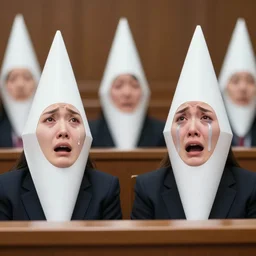 crying coneheads testifying in court, detailed facial expressions
