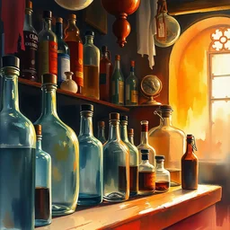 paint brush strokes, abstract watercolor painting of medieval pharmacy, western saloon, transparent glass bottles, reflective copper, backlit ambient light, dust, art by hans dahl, by jesper ejsing, art by anders zorn, wonderful masterpiece by greg rutkowski, cinematic light, american romanticism by greg manchess, creation by tyler edlin