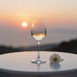 5 5 mm photo of glass of wine with flower on a zen minimalist round white table with marmalade sunset in the background. highly detailed 8 k. intricate. lifelike. soft light,