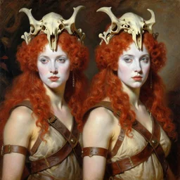 oil painting of two fierce looking beautiful young women warriors with curly red hair and symmetrical white makeup standing side by side, wrapped in leather straps, wearing an intricate head dress made from bones and leather, painted by turner, intricate linework, radiant light, detailed and intricate environment