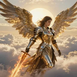 A beautiful fierce angel with wings, wearing metal battle armor and a flaming sword, among heavenly sunlit clouds, intricate, elegant, digital painting, golden hour photography, profile shot, trending on artstation, concept art, smooth, sharp focus, realism, illustration, art by artgerm and Greg Rutkowski and Alphonse Mucha