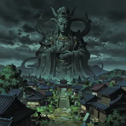 a high definition screenshot from the haunting and mystical dark fantasy science fiction anime anime anime film ; a traditional asian village with a statue of a strange and surreal god, digital painting by peter mohrbacher and makoto shinkai, trending on artstation