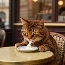 brown cat with yellow eyes is sitting at table in a cafe at paris in early 2 0 th century. it is licking milk from little saucer, atmospheric feeling, warm colours, brown colours, yellow colours, epic scene, cinematic, very detailed, concept art, trensing on artstation