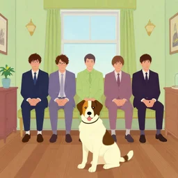 a still frame illustration of a a dog sitting in the room by quint buchholz, cheng hsiao - ron, wes anderson, fujita goro, edward hopper