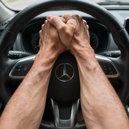 muscular arm gripping a steering wheel at the top, first person pov, detailed, 4 k