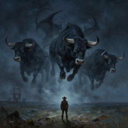 ghostly demonic bulls charging across the night sky while a cowboy is watching from below epic concept art, epic painting, artstation, realistic, by greg rutkowski