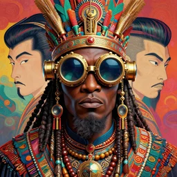 colourful vfx upper half - portrait - art of a african tribal chief wearing steam punk goggles, art by utagawa kunisada & james jean, symmetrical, intricate detail, concept art, volumetric light, ray tracing, caricature, digital illustration, octane 3 d render, unreal engine, sharp, 8 k post process, pinterest, behance, art station,