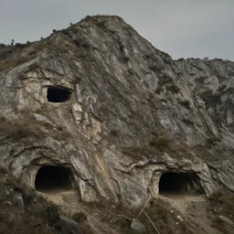 mountain with several cave entrances. Matte painting