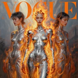 3 d, fashion model, flame, liquid silver, morning, sun rays, vogue cover style, poster art, hyper detail, intricate oil painting, multiple exposure, hell mood, hyperrealism, by tooth wu and wlop and beeple and greg rutkowski
