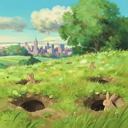 a wholesome animation key shot of a cute empty daytime august landscape with rabbit holes and new york city in far distance, studio ghibli, pixar and disney animation, sharp, rendered in gouache painting, anime key art by greg rutkowski, bloom, dramatic, dynamic lighting