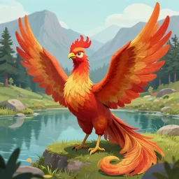 prompt anthropomorphised phoenix, sitting at a pond, mountainous area, trees in the background, digital art