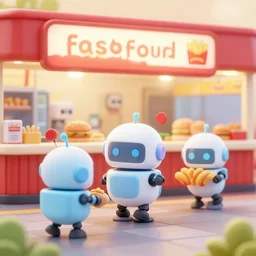 a fast food restaurant runned by cute tiny robots, digital art