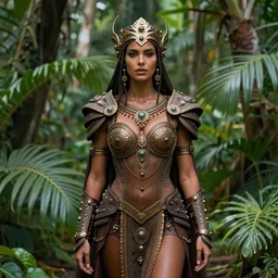 a regal brown woman wearing an intricate dewdop armor. very detailed. woman is surrounded by lush green tropical forest. extremely photorealistic.