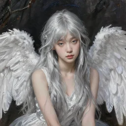 thin young beautiful angel with silver hair so long, pale!, wearing silver hair, silver angel wings, wan adorable korean face, silver hair!!, style of fernand khnopff and lucien levy - dhurmer, oil on canvas, 4 k resolution, aesthetic!,