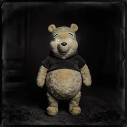 daguerreotype photograph of winnie the pooh with [ [ [ [ [ [ glowing eyes ] ] ] ] ] ] standing creepily in the middle of a pitch black room, pitch black, light coming only from his eyes, creepy, dramatic lighting