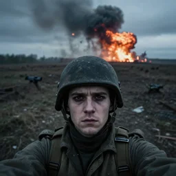 an eerie selfie taken in no mans land during ww3 with an explosion far in the background