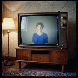 kodak portra 4 0 0, wetplate, portrait photo by britt marling, 1 9 2 0 s room, 1 9 2 0 s furniture, wallpaper, carpet, shining lamp, a giant vintage television, muted colours, blueberry, wood, fog,