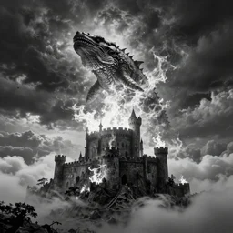 trapped insight burning clouds above castle landscape, burning skyline, giant leviathan emerging from the soil, highly detailed, photograph, black and white