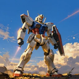 a gundam as armored core v by liam wong, laser beam ; outdoor, pure blue sky, cloud, wilderness ground, golden time, twilight ; digital painting, dynamic contrast, bokeh, motion blur, photoreal, cinematic,