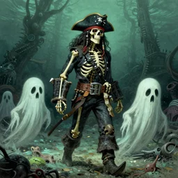 skeleton pirate ghosts walking on the seabed. james gurney, zdzisław beksinski, greg rutkowski