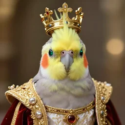 close-up portrait of anthropomorphic cockatiel Prince, man with a head of cockatiel, glowing eyes, in a crown wearing long royal robe