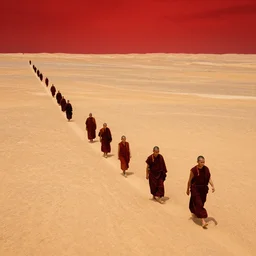 group of orthodox monks walking through a flat desert plateau, fantasy art, 8 k, view from above, brightly lit, red sky