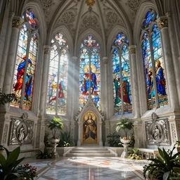 celestial gardens, gothic cathedral stained glass windows, hanging gardens, gothic, neo - gothic, art nouveau, polished white marble, hyperdetailed ornate silvered medieval icon, daniel merriam, john stephens, concept art, aetherpunk, unreal engine, detailed intricate environment, octane render, godrays, volumetric lighting, ultrasharp, whimsical, ethereal