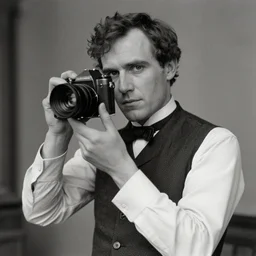 Timothy Spall as Simon Graham holding a camera from the 1800s.