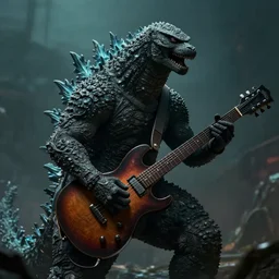 Godzilla playing the electric guitar, dark fantasy, unreal engine 5,