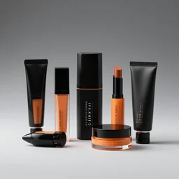 a range of sophisticated high - fashion futuristic cosmetic packaging, black and orange colour palette, product shot, studio lighting
