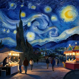 a starry night with birds all over the sky and walking people in the streets, street vendors, food, plaza, carnival, DALL-E 2