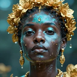 photo realistic precisionist cinematic very expressive! oshun goddess, in water! john everett millais, mirror dripping droplet!, gold flowers, highly detailed face, digital art masterpiece, smooth eric zener cam de leon, dramatic pearlescent turquoise light on one side, low angle uhd 8 k, shallow depth of field