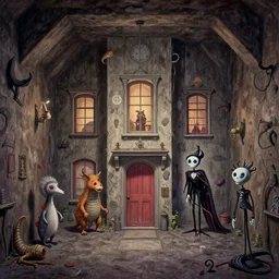 underground house with unusual animals drawing by wes anderson, jean pierre jeunet, tim burton, tomm moore. ultra hd 4 k high quality.