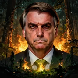 Jair Bolsonaro president of Brazil with angry evil eyes burning forest behind him, dark lighting artwork by Sergey Kolesov