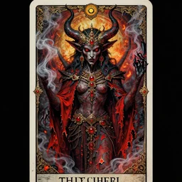 long shot of a beautiful detailed chthonic demon, tarot card, by tomasz alen kopera and justin gerard, symmetrical features, ominous, magical realism, texture, intricate, ornate, royally decorated, chthonic demon, whirling smoke, embers, red adornements, red torn fabric, radiant colors, fantasy, trending on artstation, kerosene