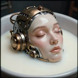 a hyperrealistic fine art portrait photo of a mechanical industrial steampunk cybernetic face peering out calmly from a bath of milk, surrounded by calm milk by Annie Leibovitz, smooth shapes and lines, vignette, 35mm lens, golden ratio composition, studio photography, closed eyes, very detailed, artstation, 8K, highly coherent
