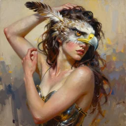 painting of a beautiful woman with the face of an eagle, adorned with scant armor, with a feather in her hair, with a strong pose, by Jeremy Mann, stylized, detailed, loose brush strokes, warm tones, vivid colors, realistic