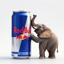 a photo of a giant can of red bull with an elephant trying to drink it