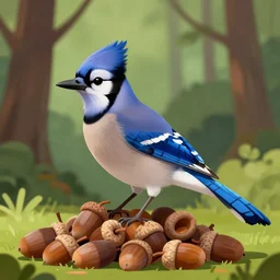 blue jay with a pile of acorns in a forest, digital art, clean style, unreal engine