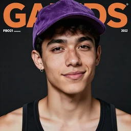 portrait of a student with an violet velour basecap, tank-top, freckles, small silver earring and a smirk on the cover of a gay magazine