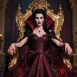 photograph of a real-life beautiful vampire queen with ornate dress sitting on a throne.  Extremely detailed. 8k