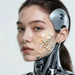 A female peeling of her face showing she is a cyborg, hyper realistic, cyborgs, robots, 8k, higly detailed, digital art,