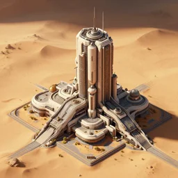sci-fi building. isometric view, concept art, Unreal Engine, ultra detail, 8K, 3D, Greg Rutkowski, on desert planet