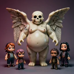 vintage smooth fat eldritch bone angel of death : : by mark ryden, lisa frank, marion peck, esao andrews : : action figure, sofubi, collectable figurine : : studio lighting, colored gels, colored background : : kodak portra 5 0 0, wetplate, flashlight, muted colours, shallow dof