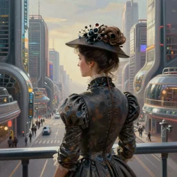 portrait of a victorian lady in a futuristic city, from behind, streets, highly detailed, digital painting in the style of M C Escher and in the style of Peter Mohrbacher
